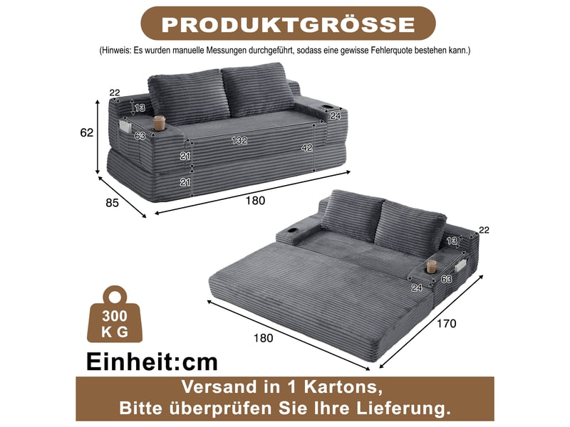 Canapé-lit 2 en 1 180 cm, canapé convertible avec porte-gobelets, poches de rangement, 2 coussins, tissu côtelé ,gris - Conforama C