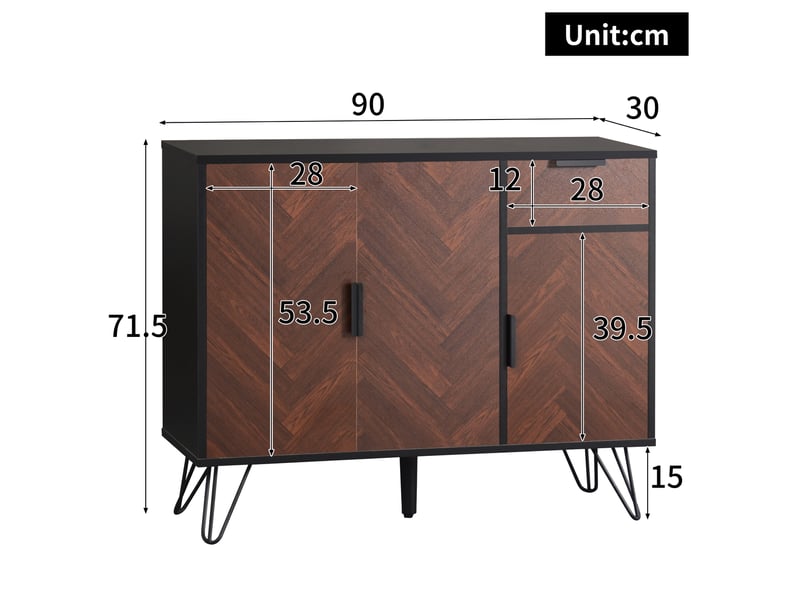  Buffet 90x30x71.5cm, armoire de rangement avec 3 portes et tiroir, mdf+panneau de particules, noir+marron  - Conforama D