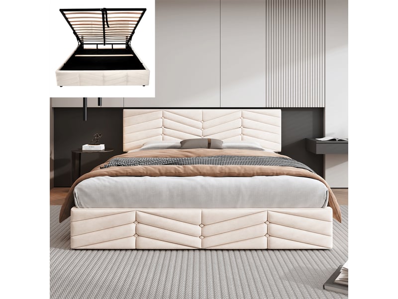  Lit double coffre adulte 140x190 cm - tête de lit réglable - velours hollandais - montage facile - matelas non compris beige - Conforama A