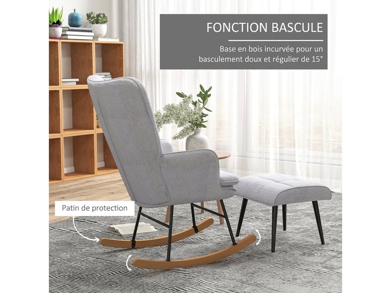  Fauteuil à bascule avec repose-pieds gris clair, fauteuil de relaxation aspect lin, charge 130 kg  - Conforama R