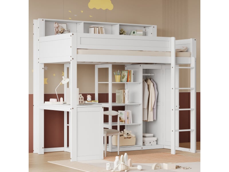  Lit mezzanine 90x200 cm, lit enfant avec table, armoire, grille antichute, étagères et échelle, en bois, blanc, sans matelas  - Conforama B