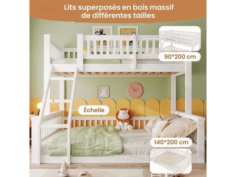  Lit superposé 90x200 et 140x200 cm, blanc, en pin, mdf et contreplaqué, avec échelle et garde-corps, sans matelas  - Conforama W