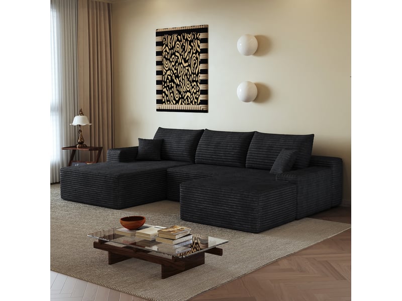  Canapé d'angle modulaire 270x175x83 cm, 4 places, chaise longue en l, assise profonde, tissu côtelé, noir  - Conforama C