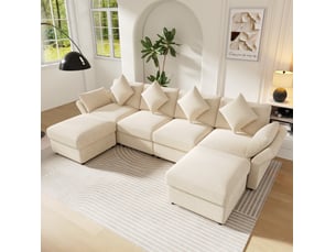 Canapé d’angle modulaire convertible en chenille beige avec 2 poufs - 284 x 156,5 x 86 cm