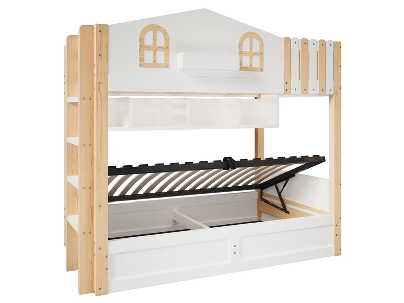  Lit superposé blanc et naturel 90 × 200 cm, led, rangement hydraulique et style maison  - Conforama E