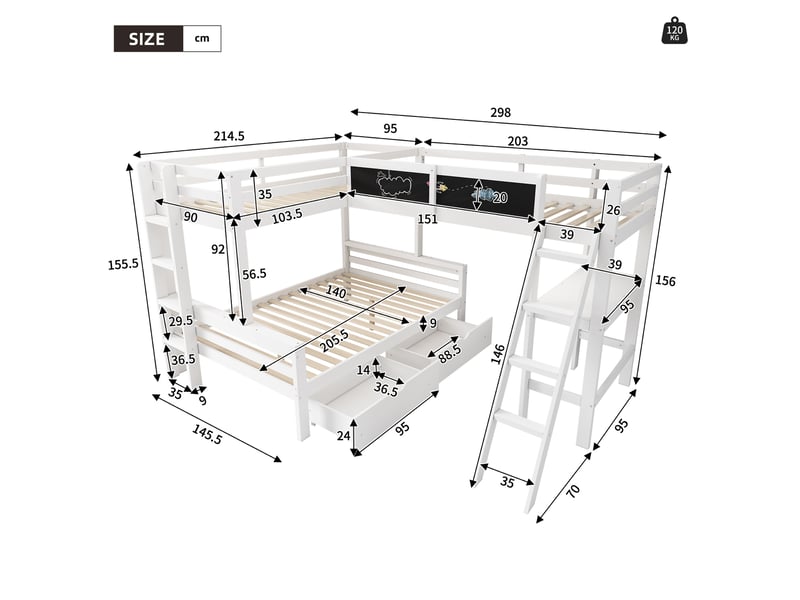  Lit combiné enfant avec bureau étagère et tiroirs pour chambre en bois blanc et chêne  - Conforama C