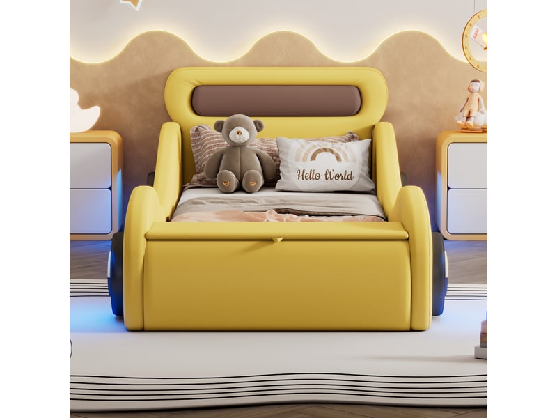  Lit enfant 90 × 200 cm 1 place avec led réglables et coffre, sans matelas, en pu jaune, forme voiture  - Conforama C
