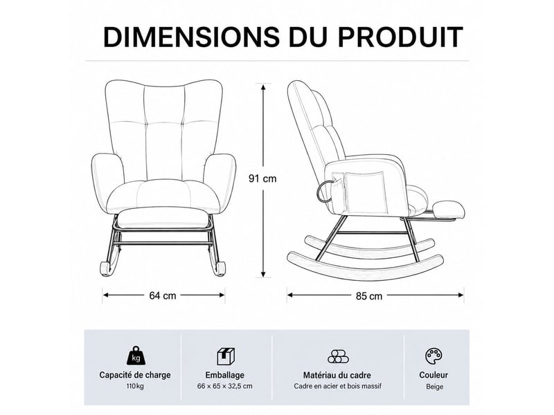 Chaise à bascule ergonomique en tissu chenille bleu avec repose‑pieds rétractable, poche de rangement, structure métal et bois massif, charge 120 kg - Conforama E