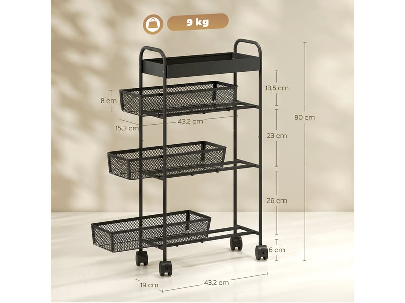  Chariot de rangement à 4 niveaux, desserte à roulettes, panier supérieur 19 x 43,2 x 80 cm noir, 3 paniers coulissants  - Conforama C