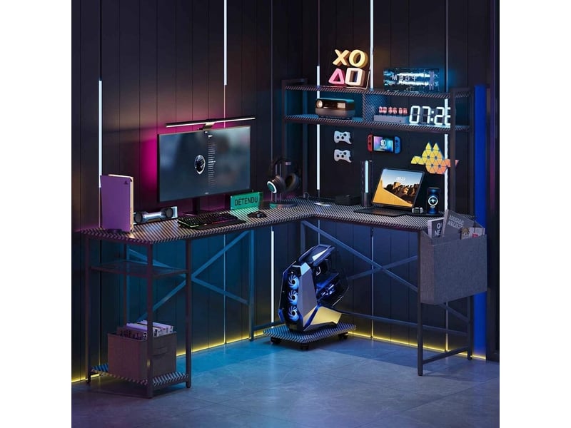 Bureau d'angle informatique en l réversible avec prises intégrées étagères noir - Conforama B