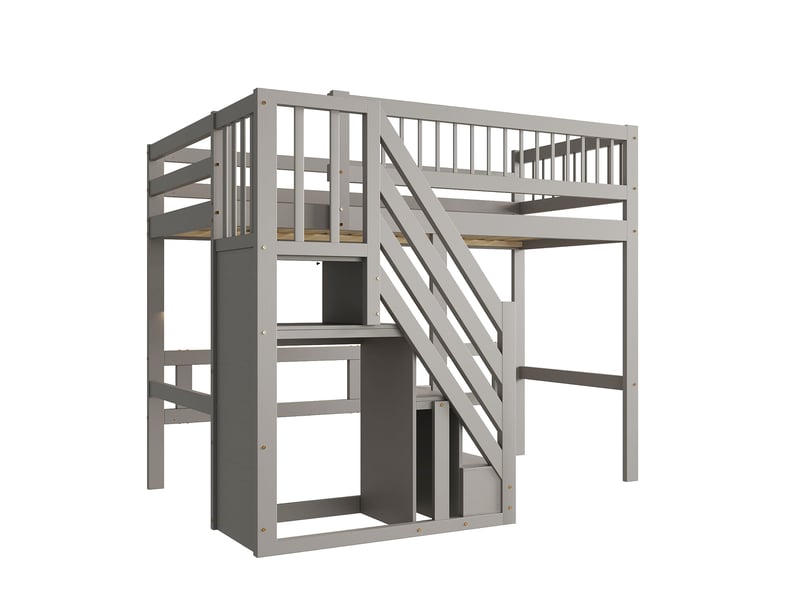  Lit mezzanine 90x200 lit enfant en bois massif avec escalier de rangement, lit ado gris surélevé, cadre robuste et sécurisé  - Conforama E