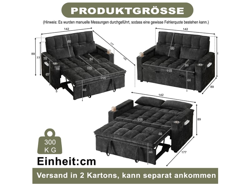  Canapé droit convertible 2 places en tissu noir 3-en-1 avec rangement et porte-gobelets, idéal au quotidien  - Conforama C