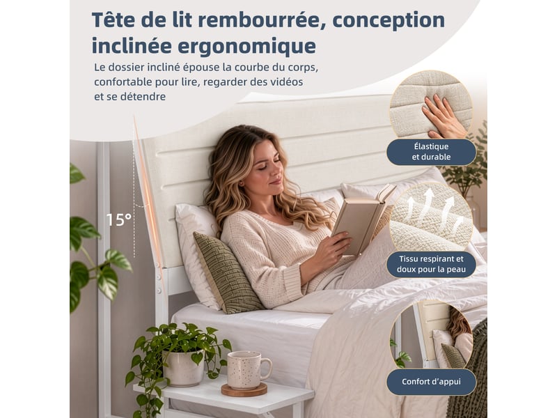  140x200cm-led-plateau de table pour tête de lit-cadre de lit tapissier- lit double-led-usb-type-c, blanc  - Conforama R
