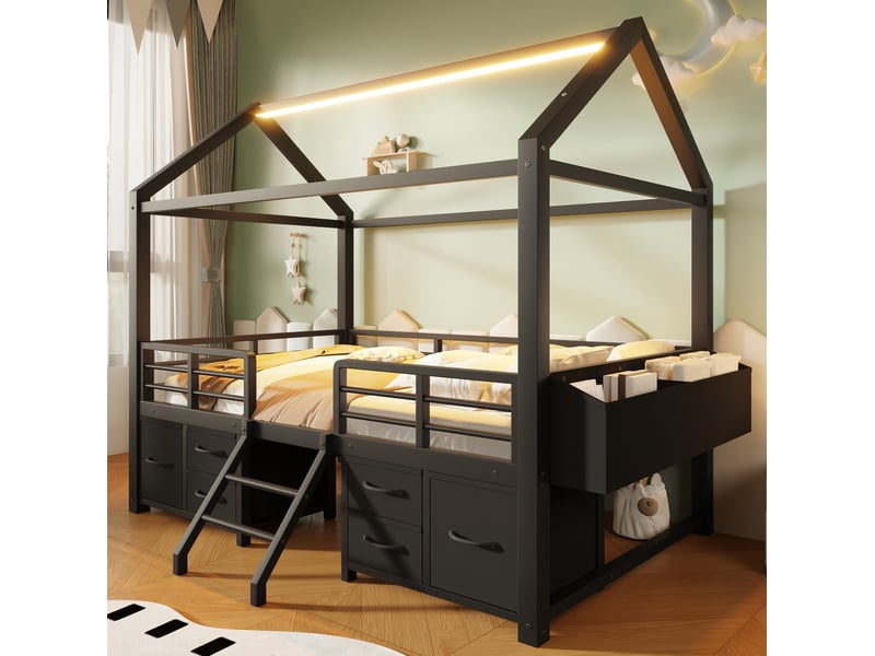  Lit mezzanine enfant 90x200 cm noir en métal et mdf, avec toit maison, led et rangements, sans matelas  - Conforama B