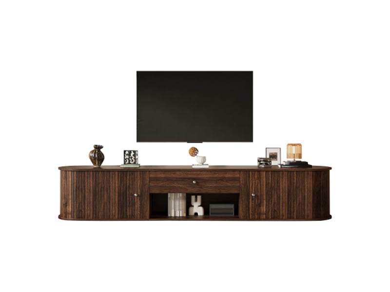 Meuble tv bas rond 180x40x40 cm – 2 portes coulissantes + tiroir, tv jusqu’à 75 pouces, finition noyer - Conforama A