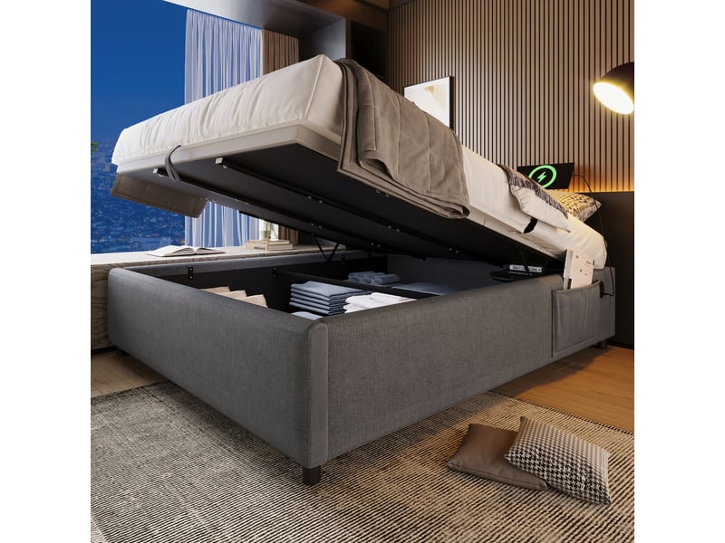 Lit coffre 140x200 cm - lit double avec coffre et usb-c intégré, structure métal et coton, gris, sans tête de lit - Conforama D