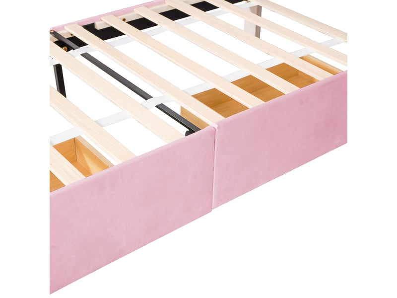  Lit enfant 90x200 cm avec 2 tiroirs, tête de lit réglable et sommier, velours, rose, sans matelas  - Conforama D