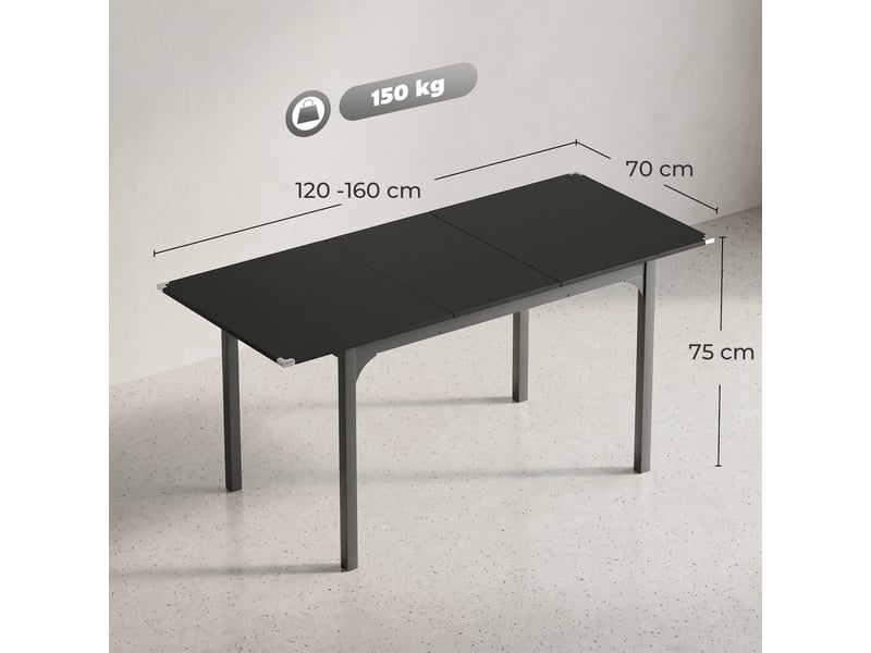 Table extensible pour 4 à 6 personnes, longueur réglable de 120 à 160 cm, pieds en acier, noire - Conforama E