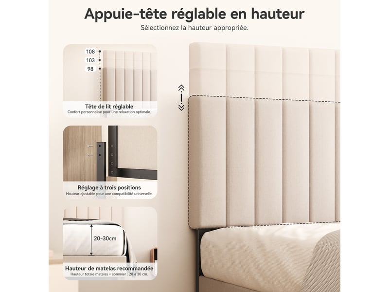 Lit 90 x 200 avec sommier,cadre de lit en métal robuste et durable, lattes en bois,lin beige - Conforama C