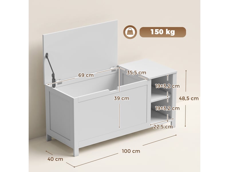  Banc à chaussures avec étagère réglable et compartiment rabattable, banc de rangement pour chaussures, blanc  - Conforama E