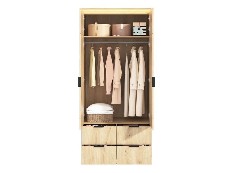 Armoire 2 portes 90x47x200 cm avec miroir, led et 4 tiroirs décor chêne - Conforama A