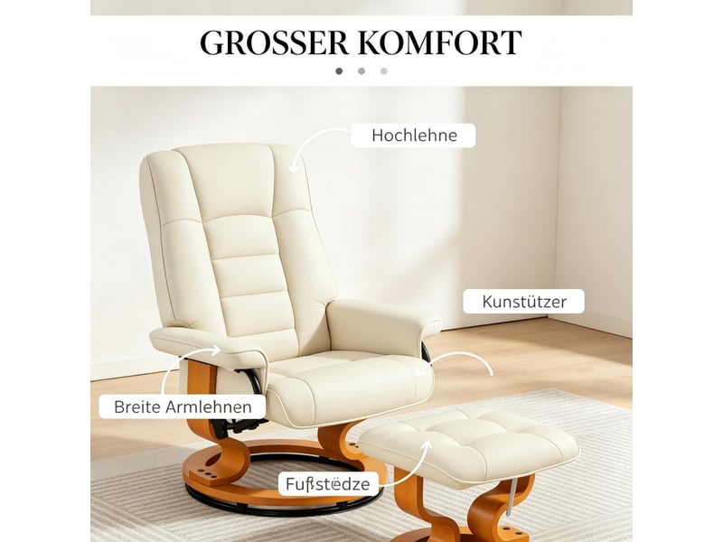 Fauteuil relax inclinable avec repose-pieds, pivotant à 360°, revêtement crème et cadre bois pour salon - Conforama E