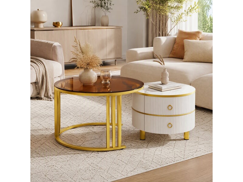  Lot de 2 tables basses rondes avec 2 tiroirs en mdf et verre trempé, blanc et marron  - Conforama C