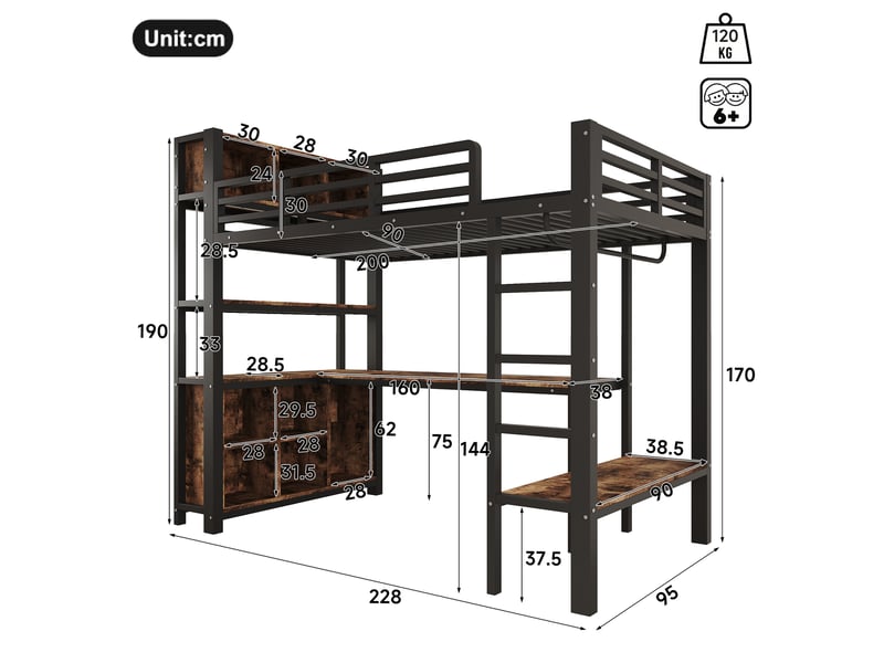  Lit mezzanine combiné 90x200 cm noir en métal et mdf avec bureau, rangements et penderie, sans matelas  - Conforama C