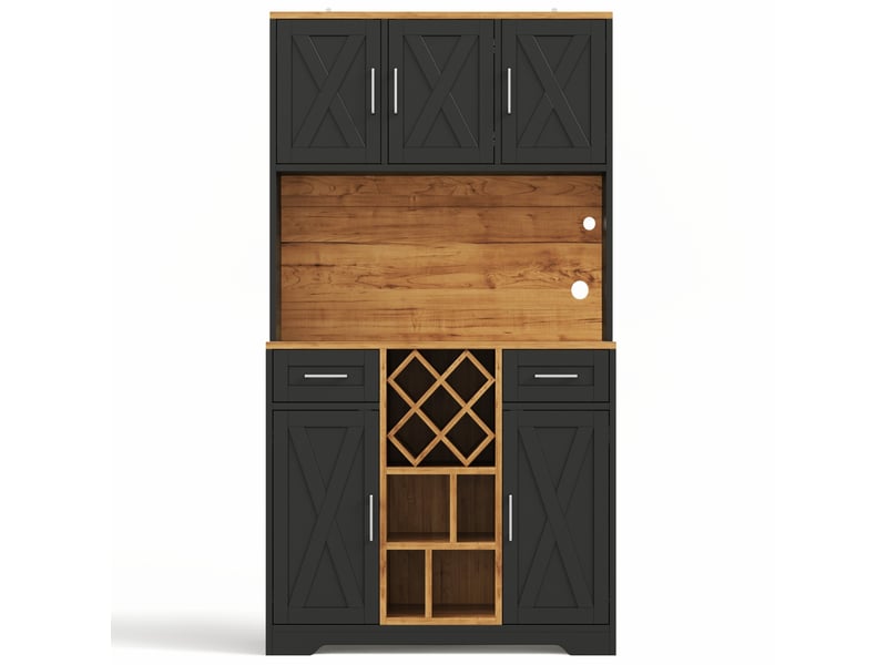  Armoire de cuisine haute - 105 x 40 x 180 cm - noir et bois - meuble de rangement vaisselier avec éclairage led et prises intégrées  - Conforama A