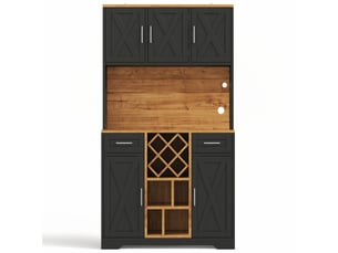 Armoire de cuisine haute - 105 x 40 x 180 cm - noir et bois - meuble de rangement vaisselier avec éclairage led et prises intégrées