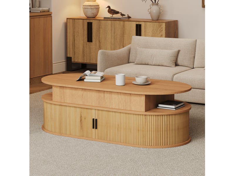  Table basse ovale relevable 100x50x40 cm avec rangement, en mdf, aspect noyer  - Conforama B