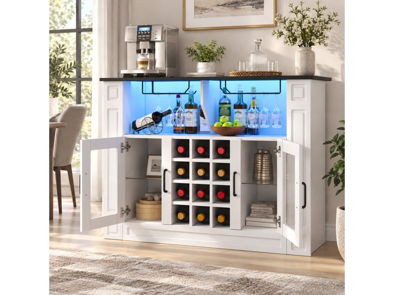  Buffet de cuisine 120x35x84 cm blanc en mdf, led, casiers à bouteilles et supports pour verres  - Conforama D