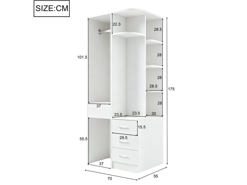  Armoire 70x55x175 cm blanche avec penderie ouverte, étagères et 3 tiroirs  - Conforama C