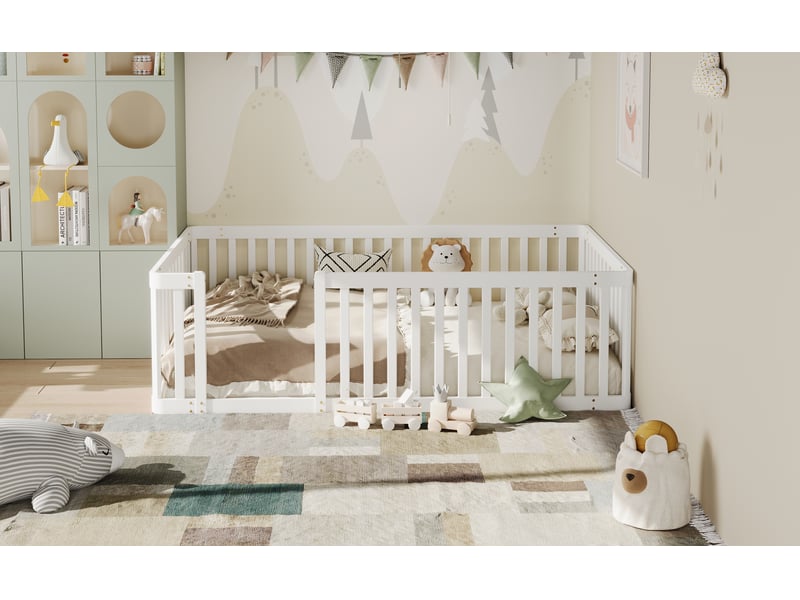  Cadre de lit enfant en pin 90x200 avec barrière semi-fermée, blanc  - Conforama R