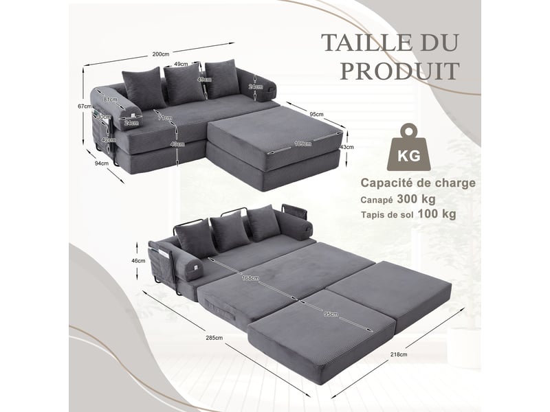  Canapé modulable en velours côtelé gris foncé 200 x 190 x 67 cm avec pouf, 3 coussins, poches latérales, salon 200x190x67cm - Conforama C