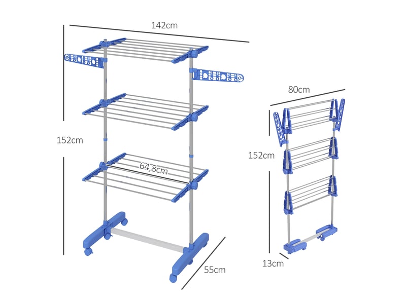  Étendoir à linge vertical à 3 niveaux avec 6 roues, 2 côtés rabattables, étagères réglables et structure en acier inoxydable - bleu  - Conforama D