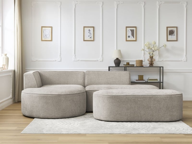  Bobochic canapé d'angle fixe rousseau tissu texturé avec pouf beige  angle gauche ROUSSEAU - Conforama D