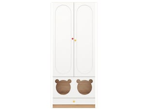 Armoire enfant 2 portes, décor ours, penderie et tiroirs - blanc et effet bois naturel - 8e+1 x 5e+1 x 2e+2 cm