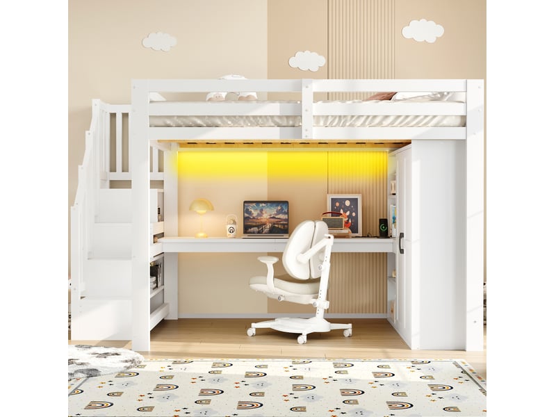  Lit mezzanine 140x200 cm bureau armoire, escalier rangement, led usb, sommier à lattes mdf bois blanc sans matelas  - Conforama B
