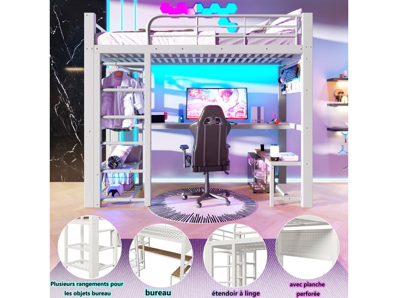  Lit superposé 90x200 cm, lit enfant, rangement, escalier avec rangement, led, bois et métal blanc  - Conforama R