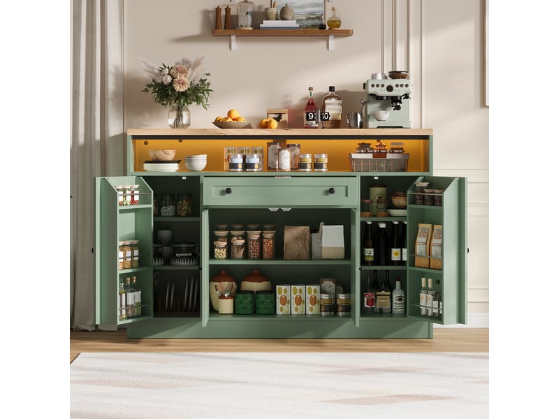 Buffet avec led rgb, 4 portes style grange, tiroir et étagères, meuble mdf 140x35x95cm pour salon et salle à manger - vert - Conforama E
