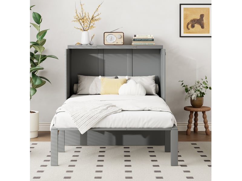  Lit escamotable vertical 90x200 cm avec sommier à lattes gris et rangement  - Conforama E