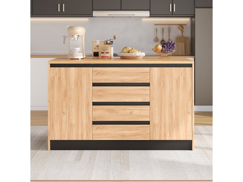  Îlot de cuisine 140 cm naturel, plateau rabattable, 4 tiroirs, 2 placards  - Conforama B