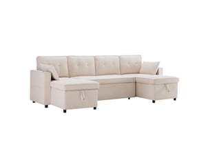 Canapé d'angle panoramique convertible <strong>MODENVIE</strong> <strong></strong> 4 places Polyester beige avec coffre de rangement