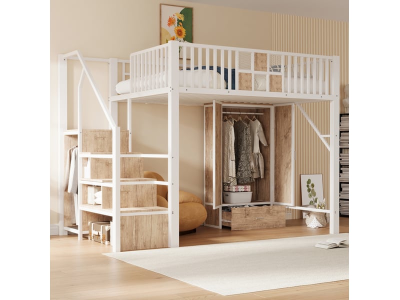  Lit mezzanine 140x200 cm avec armoire et rangements, coloris blanc  - Conforama B