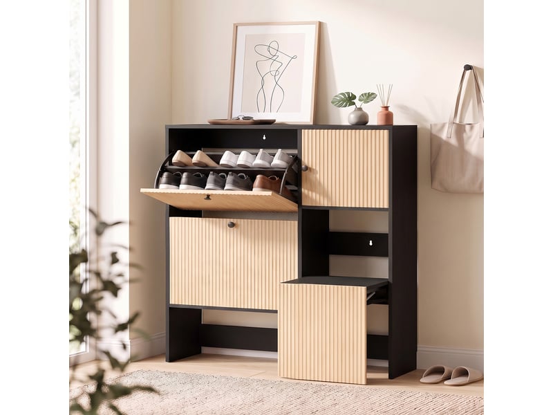  Meuble à chaussures étroit effet chêne, 2 tiroirs rabattables, tabouret dissimulé, 8 à 10 paires  - Conforama D