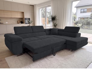 Canapé d'angle droit convertible <strong>AX LIVING </strong> <strong>Konak</strong> 4 places Velours côtelé noir avec coffre de rangement
