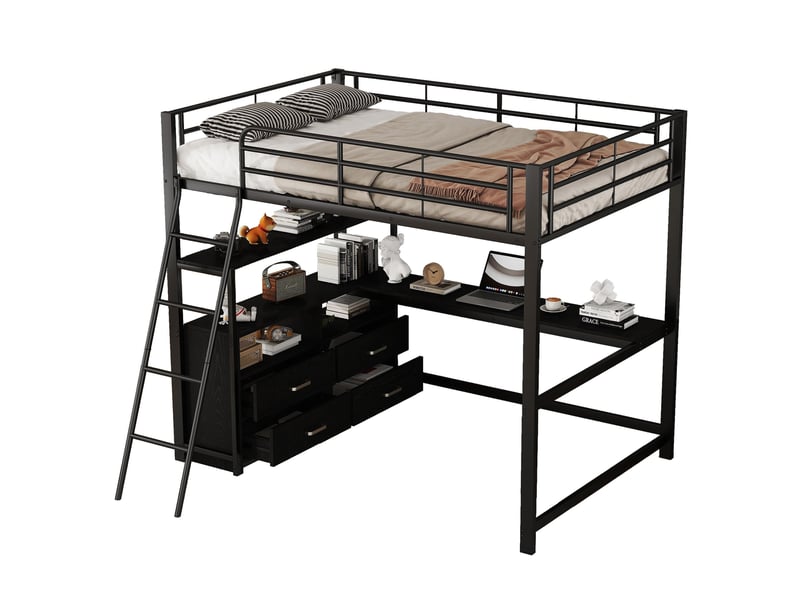  Lit mezzanine 140x200cm - bureau en l intégré - tiroirs de rangement - métal noir - charge 150kg  - Conforama W