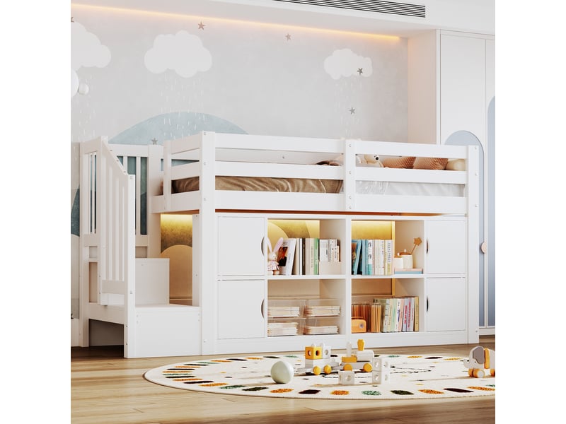 Lit mezzanine 90x200 cm blanc, avec rangements, étagères, escalier de rangement, led, sommier inclus, sans matelas - Conforama B
