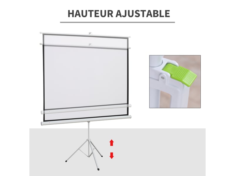  Écran de projection avec trépied pliable 84 pouces 4k hd 4:3, 180l cm, écran vidéoprojecteur, hauteur réglable, angle de vision 160°, pour home cinéma, blanc, films en intérieurextérieur  - Conforama R